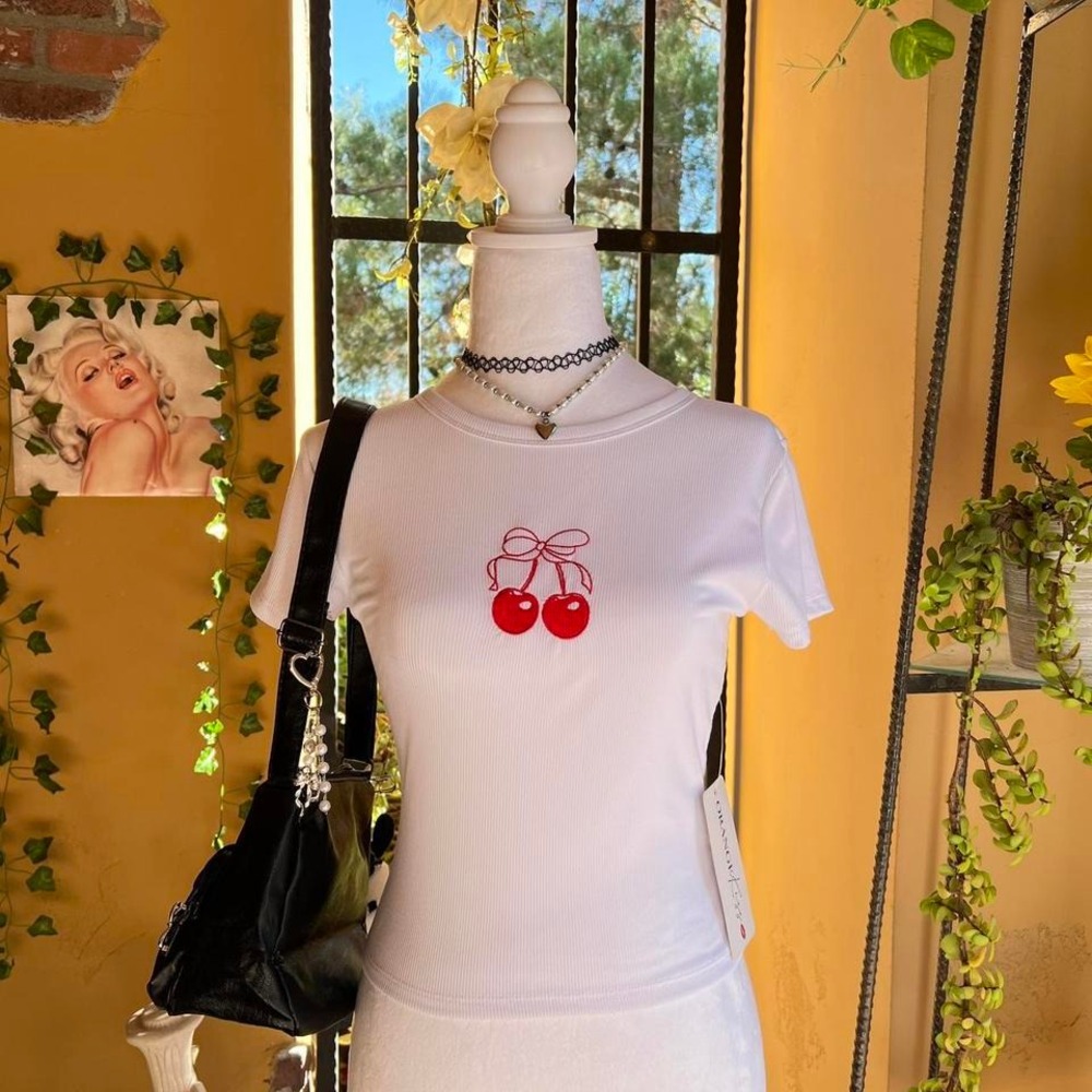 cherry y2k baby tee white